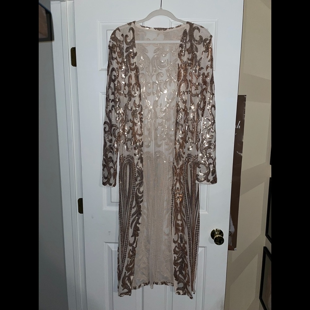 Sheer Nude Cardigan with Gold Sequence Design